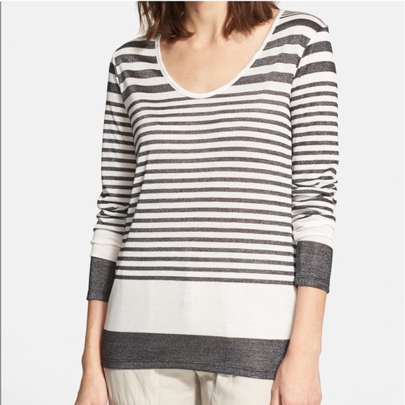 VINCE Variegated Deep Crewneck Top Oversized Shirt Knitted White Grey Stripe M - Picture 3 of 13